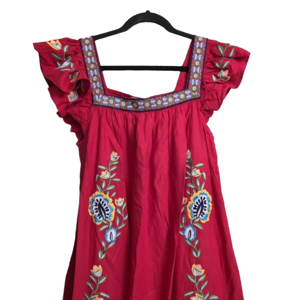 NWT Farm Rio Anthropologie Red Floral Embroidered Square Neck Boho Maxi Dress M - Picture 2 of 15